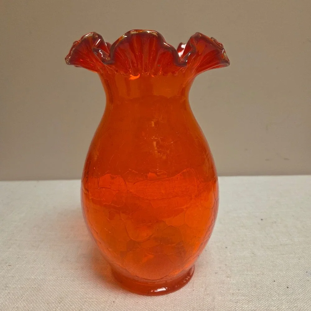 Vintage Orange Crackle Glass Vase Ruffled Rim Mid Century Modern Art Glass